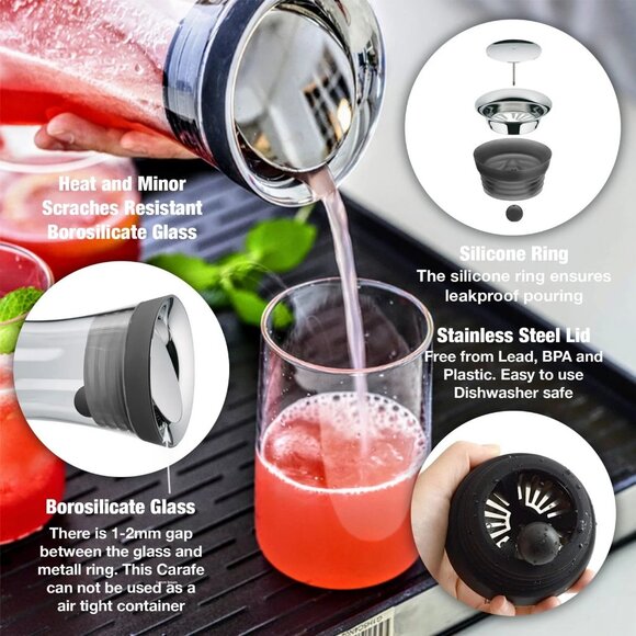 Handblown Glass Carafe with Lid – Borosilicate 50oz Water Pitcher, Fruit Infuser - Picture 2 of 13